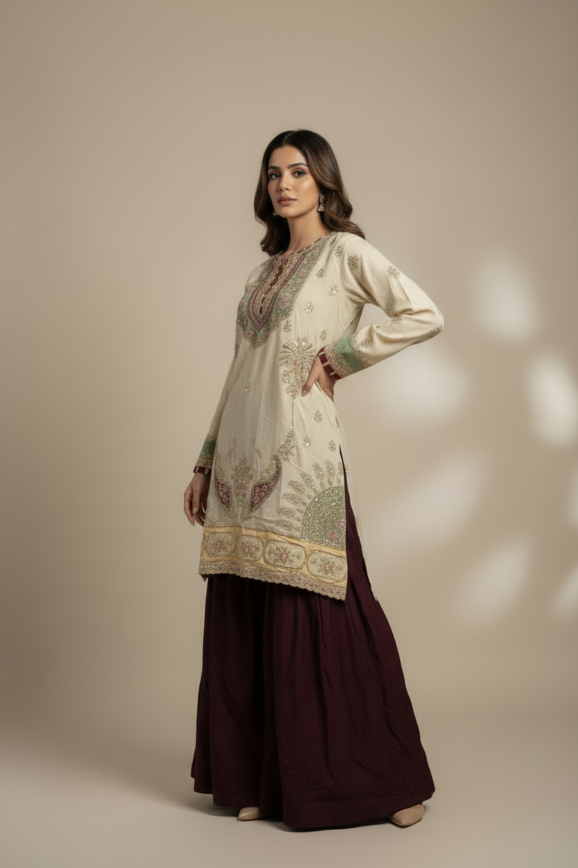 ETHNC Luxe Boutique Embroidered 2-Piece Silk Suit with Farshi Shalwar - Cream Ivory & Deep Plum