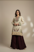 ETHNC Luxe Boutique Embroidered 2-Piece Silk Suit with Farshi Shalwar - Cream Ivory & Deep Plum