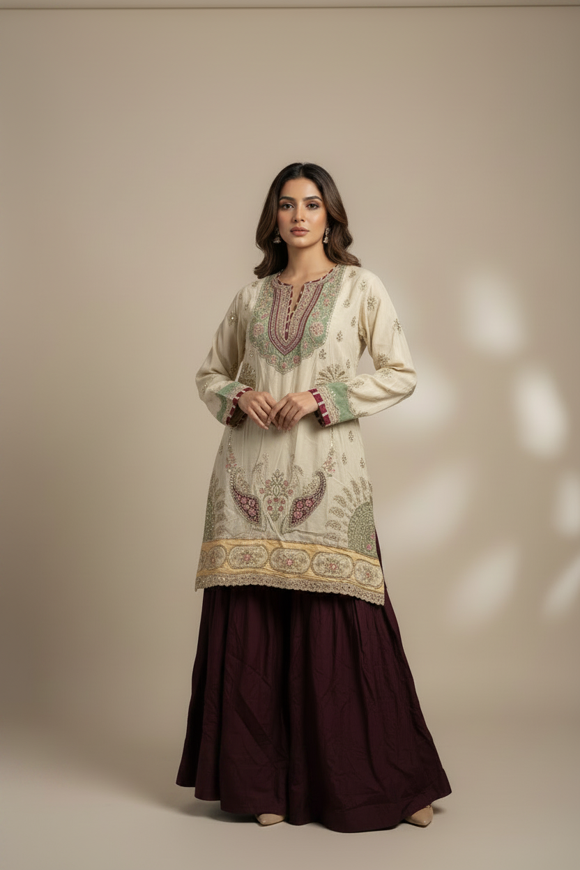 ETHNC Luxe Boutique Embroidered 2-Piece Silk Suit with Farshi Shalwar - Cream Ivory & Deep Plum