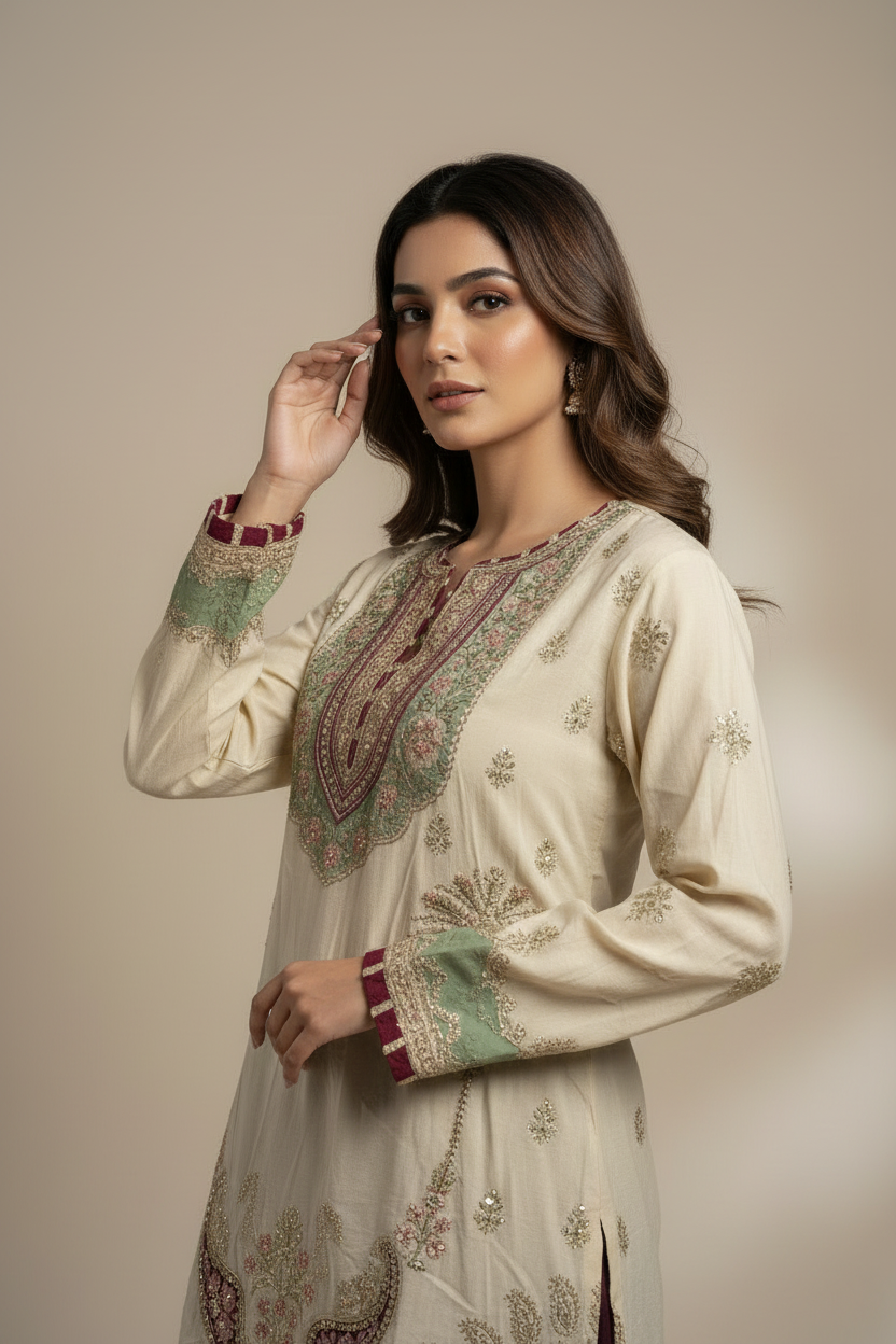 ETHNC Luxe Boutique Embroidered 2-Piece Silk Suit with Farshi Shalwar - Cream Ivory & Deep Plum