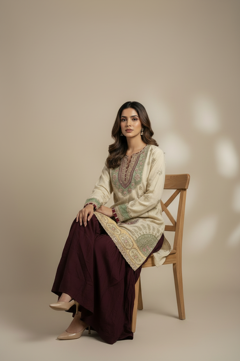 ETHNC Luxe Boutique Embroidered 2-Piece Silk Suit with Farshi Shalwar - Cream Ivory & Deep Plum