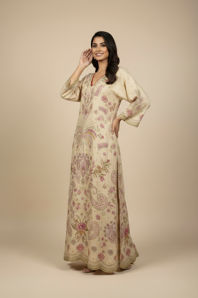 ETHNC Printed Floral Embroidered Long-Line Kaftan Dress - Cream Beige