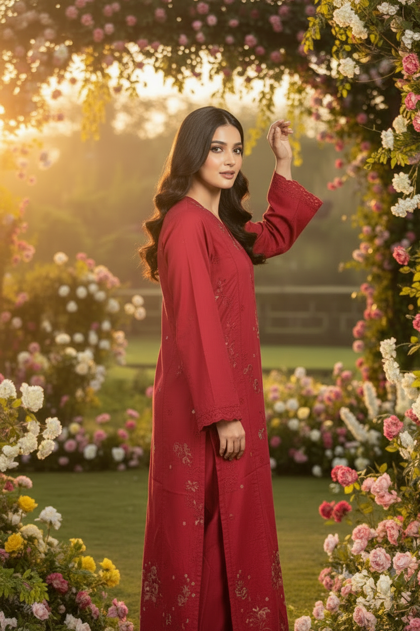 ETHNC Rozana Magenta Pink Embroidered 1-Piece Viscose Kaftan Dress - Magenta Pink
