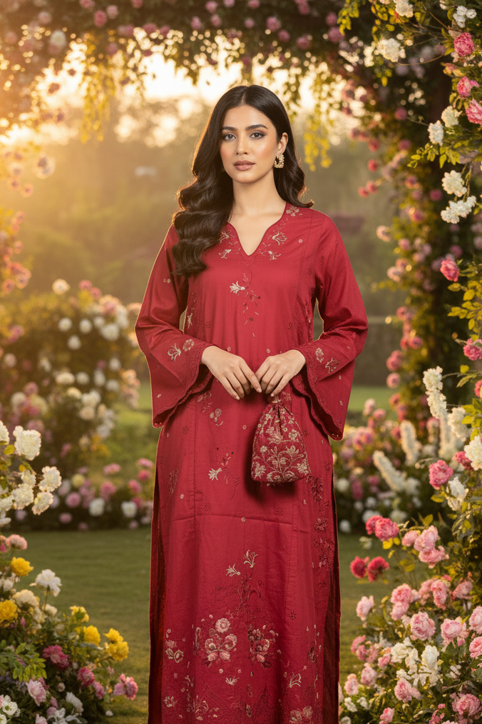 ETHNC Rozana Magenta Pink Embroidered 1-Piece Viscose Kaftan Dress - Magenta Pink