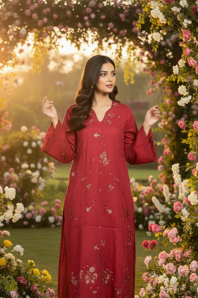 ETHNC Rozana Magenta Pink Embroidered 1-Piece Viscose Kaftan Dress - Magenta Pink