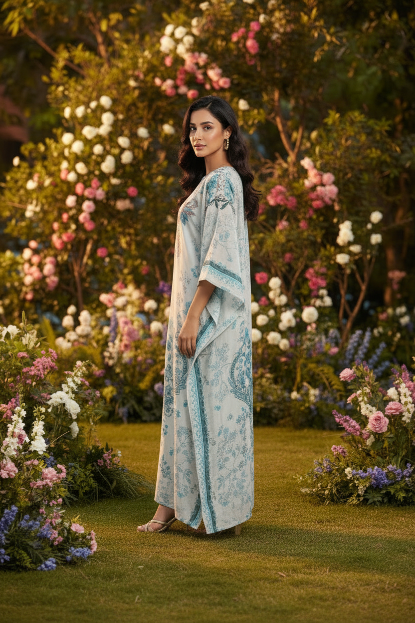 ETHNC Sky Blue Printed Chamoise Silk 1-Piece Kaftan Dress - Sky Blue