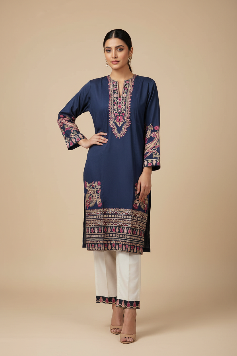 ETHNC Embroidered Stitched Tunic with Scalloped Hemline - Ink Grape