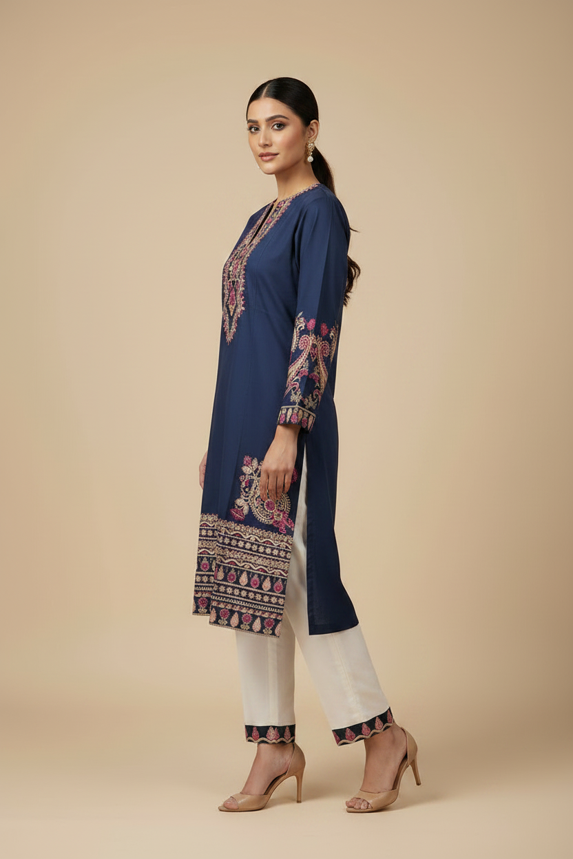 ETHNC Embroidered Stitched Tunic with Scalloped Hemline - Ink Grape