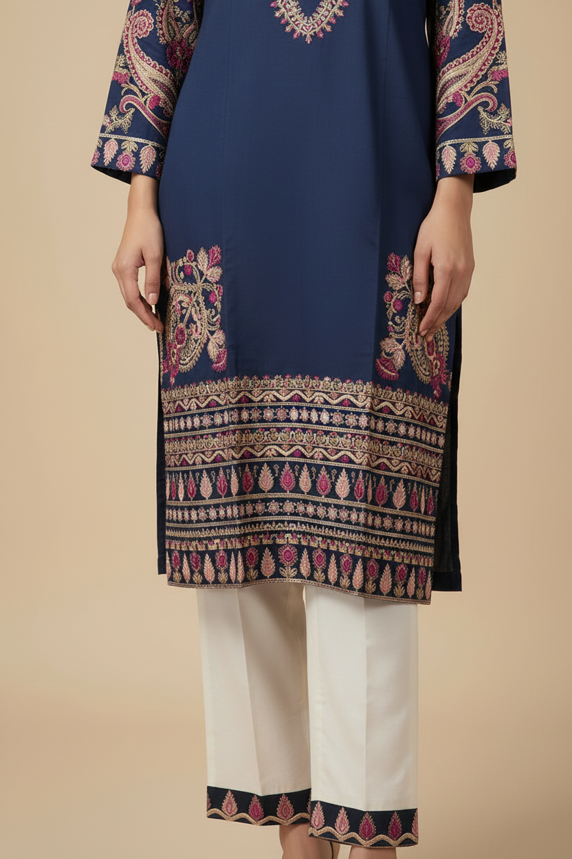 ETHNC Embroidered Stitched Tunic with Scalloped Hemline - Ink Grape