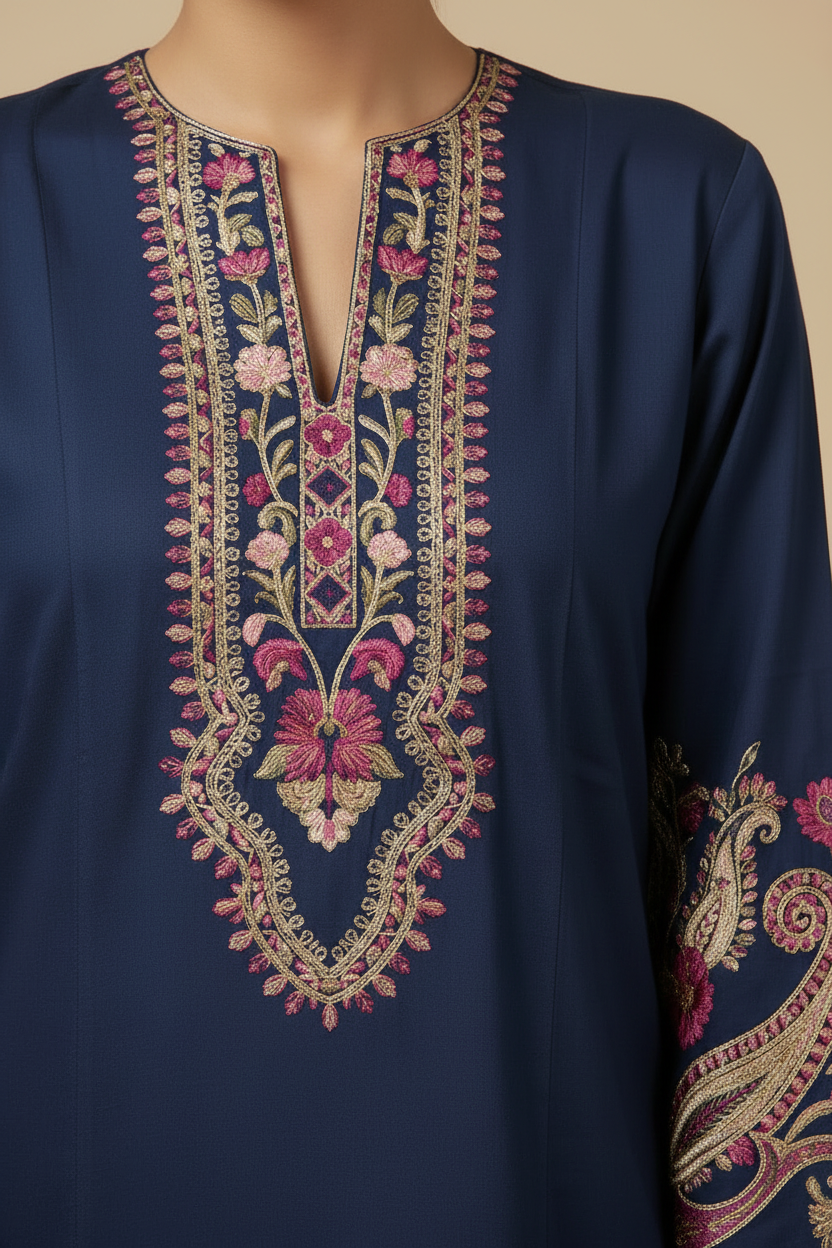 ETHNC Embroidered Stitched Tunic with Scalloped Hemline - Ink Grape