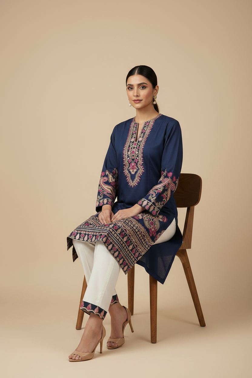 ETHNC Embroidered Stitched Tunic with Scalloped Hemline - Ink Grape