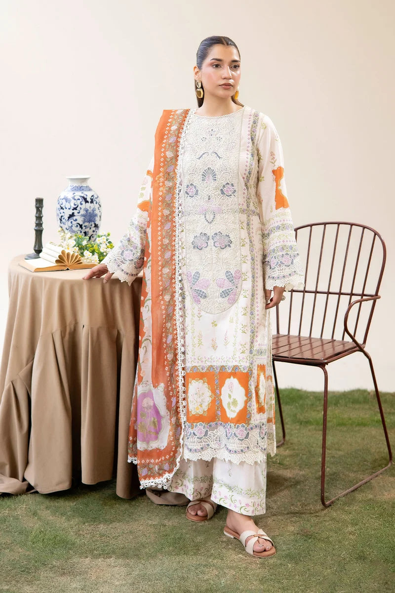 Adan's Libas Digitally Printed Lawn 3-Piece Suit - Off-White & Rust Orange