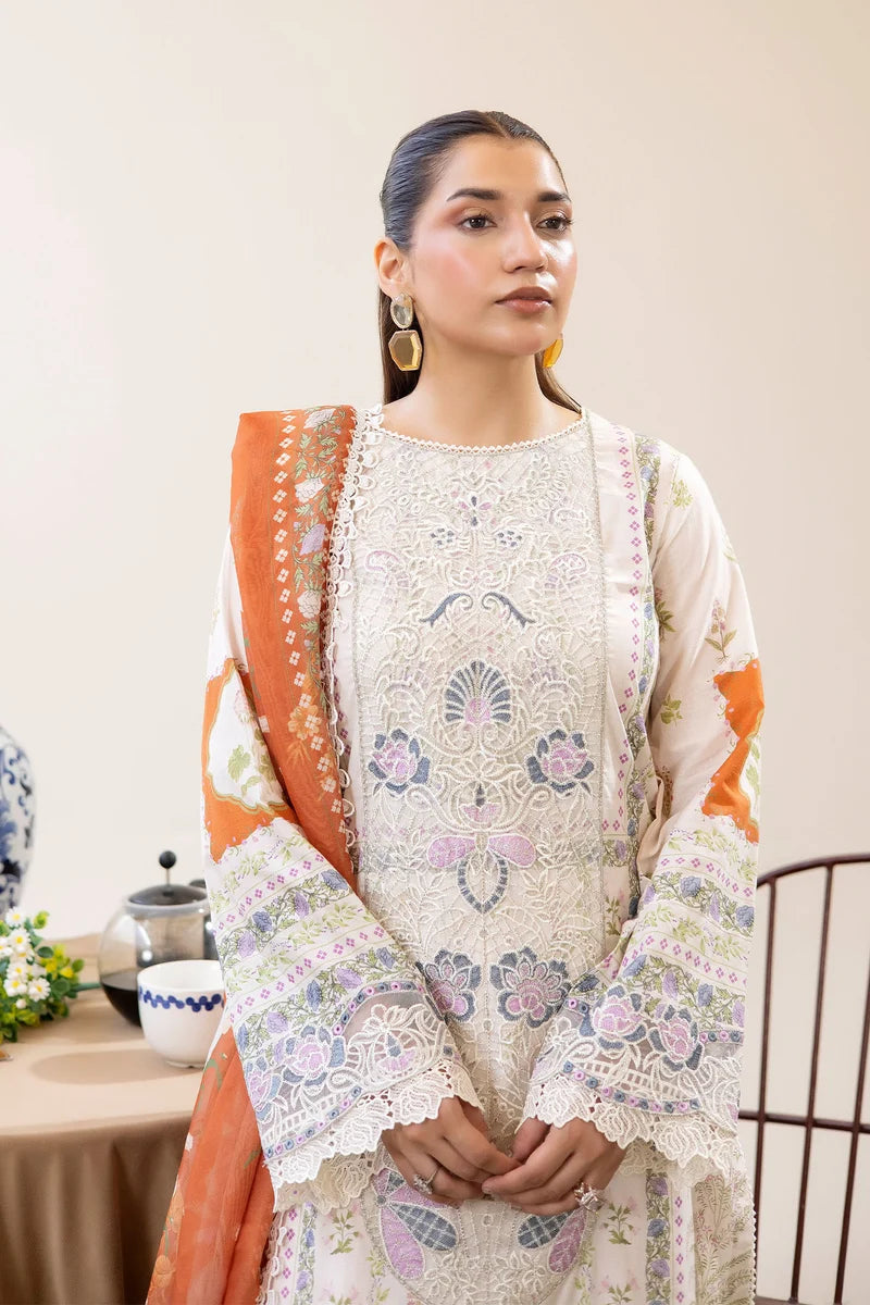 Adan's Libas Digitally Printed Lawn 3-Piece Suit - Off-White & Rust Orange