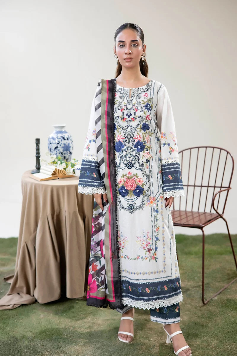 Adan's Libas Digitally Printed Lawn 3-Piece Suit - Crisp White & Royal Blue