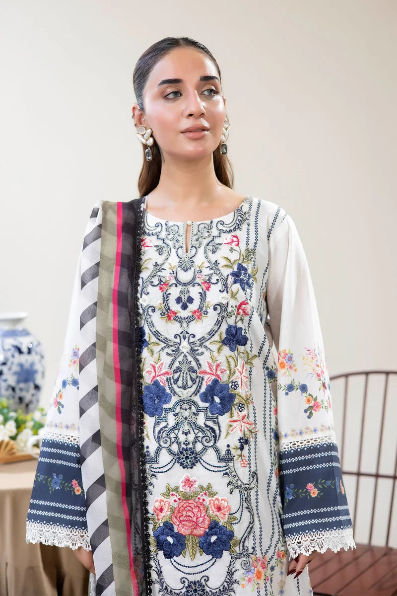 Adan's Libas Digitally Printed Lawn 3-Piece Suit - Crisp White & Royal Blue