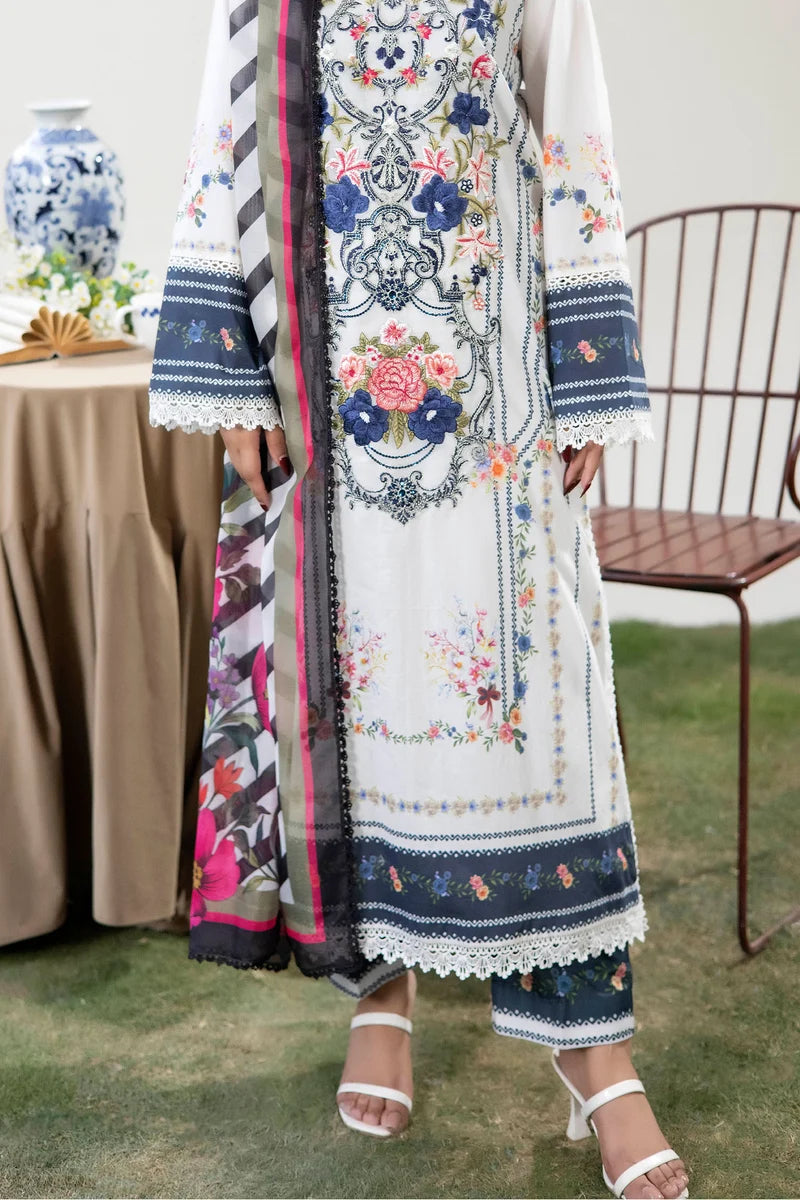 Adan's Libas Digitally Printed Lawn 3-Piece Suit - Crisp White & Royal Blue