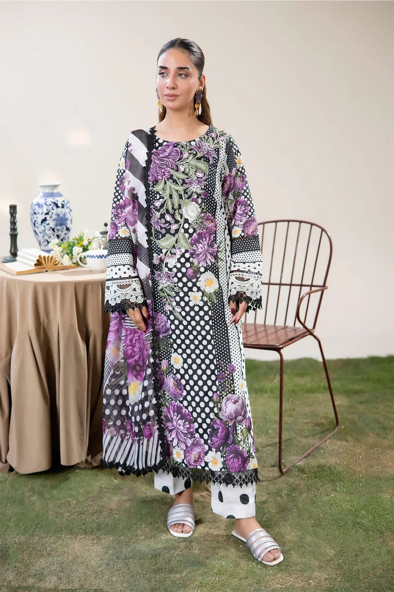 Adan's Libas Digitally Printed Lawn 3-Piece Suit - Black & Purple