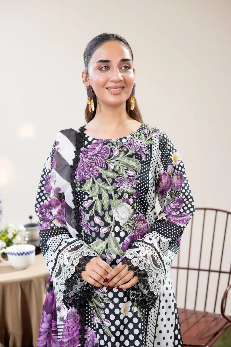 Adan's Libas Digitally Printed Lawn 3-Piece Suit - Black & Purple