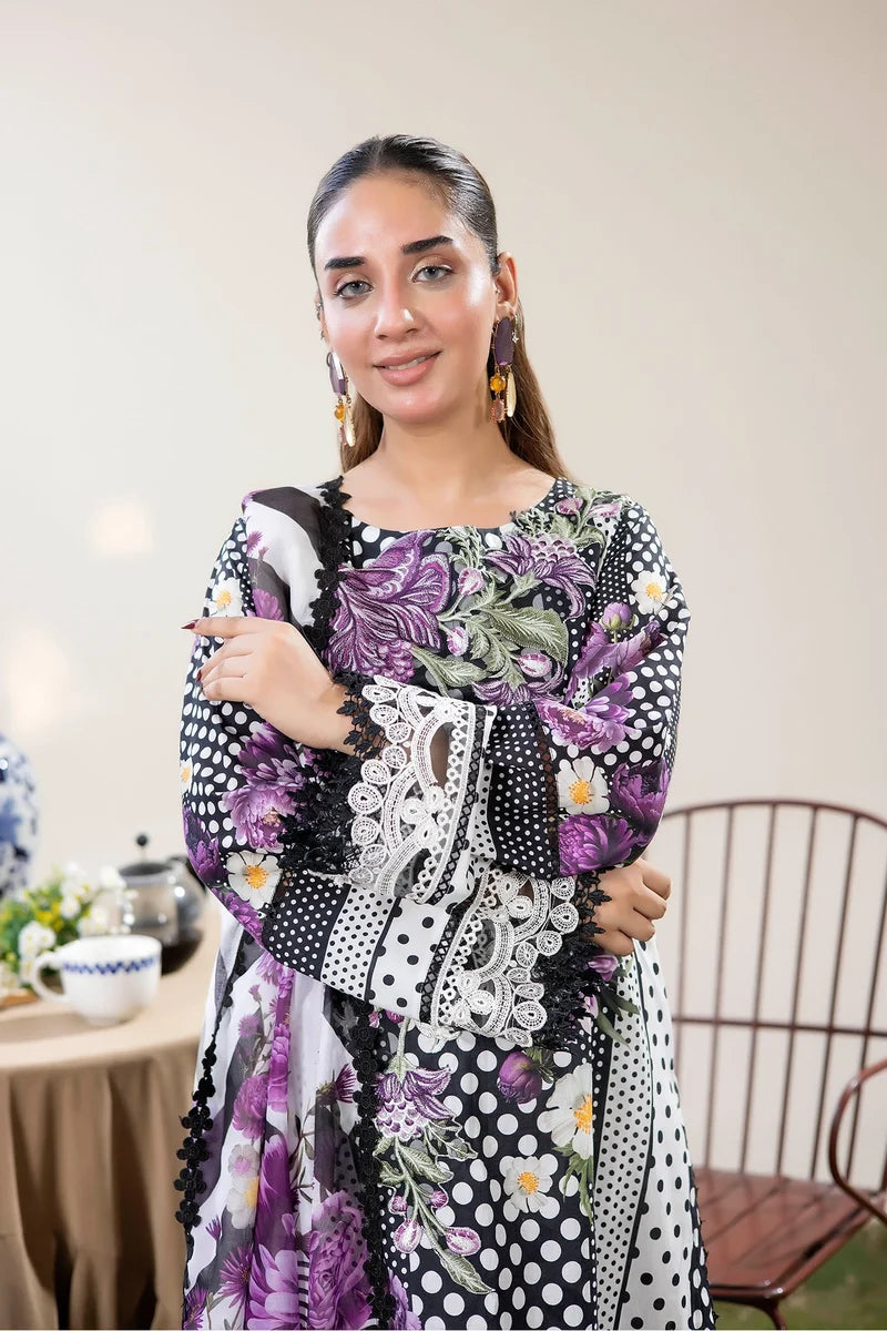 Adan's Libas Digitally Printed Lawn 3-Piece Suit - Black & Purple