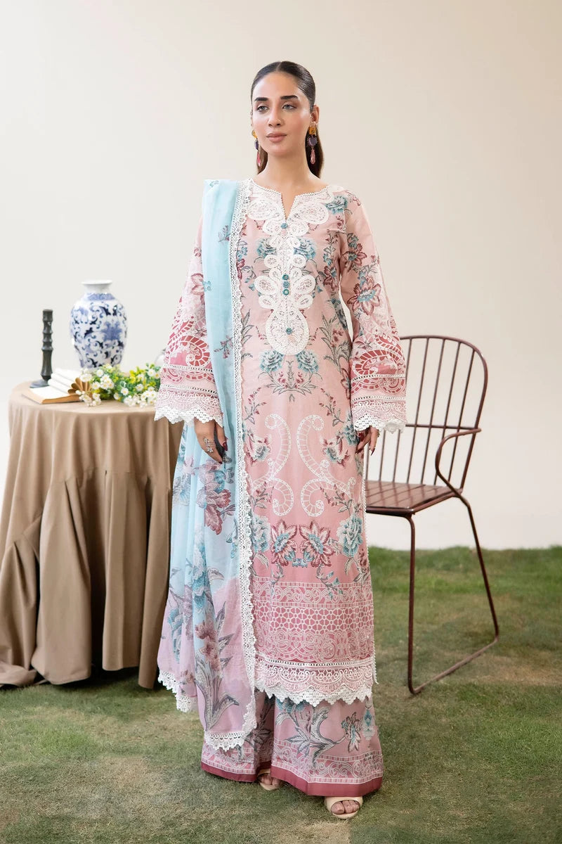 Adan's Libas Digitally Printed Lawn 3-Piece Suit - Tea Rose Pink & Sky Blue
