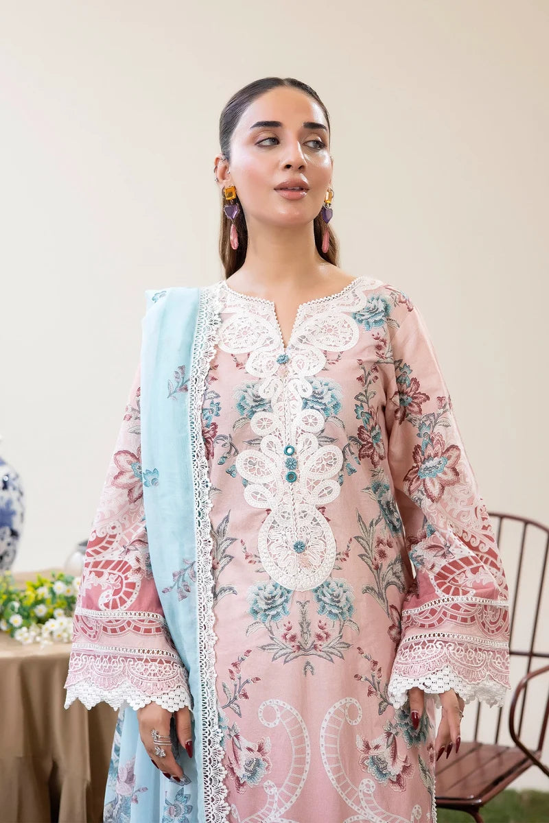 Adan's Libas Digitally Printed Lawn 3-Piece Suit - Tea Rose Pink & Sky Blue