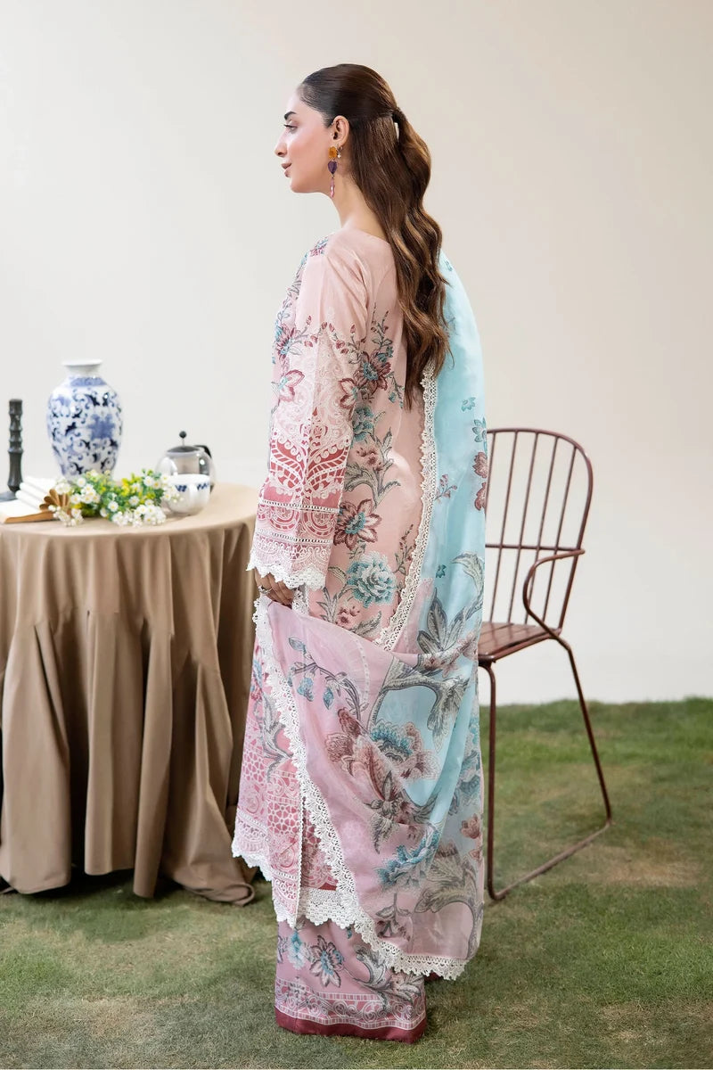 Adan's Libas Digitally Printed Lawn 3-Piece Suit - Tea Rose Pink & Sky Blue