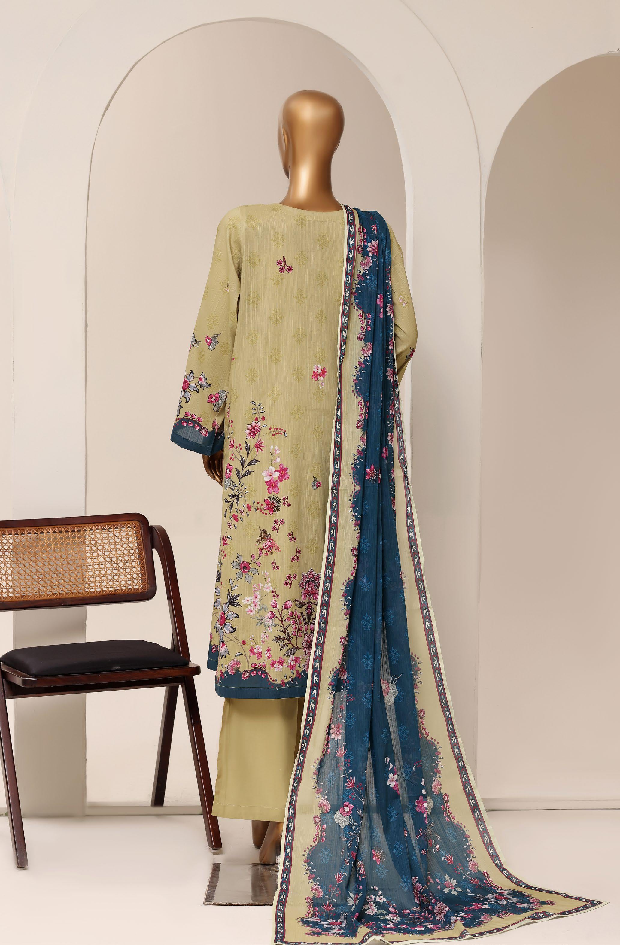 Sadabahar Printed Pret 3-Piece Stitched Lawn Suit with Indigo Dupatta - Olive Khaki