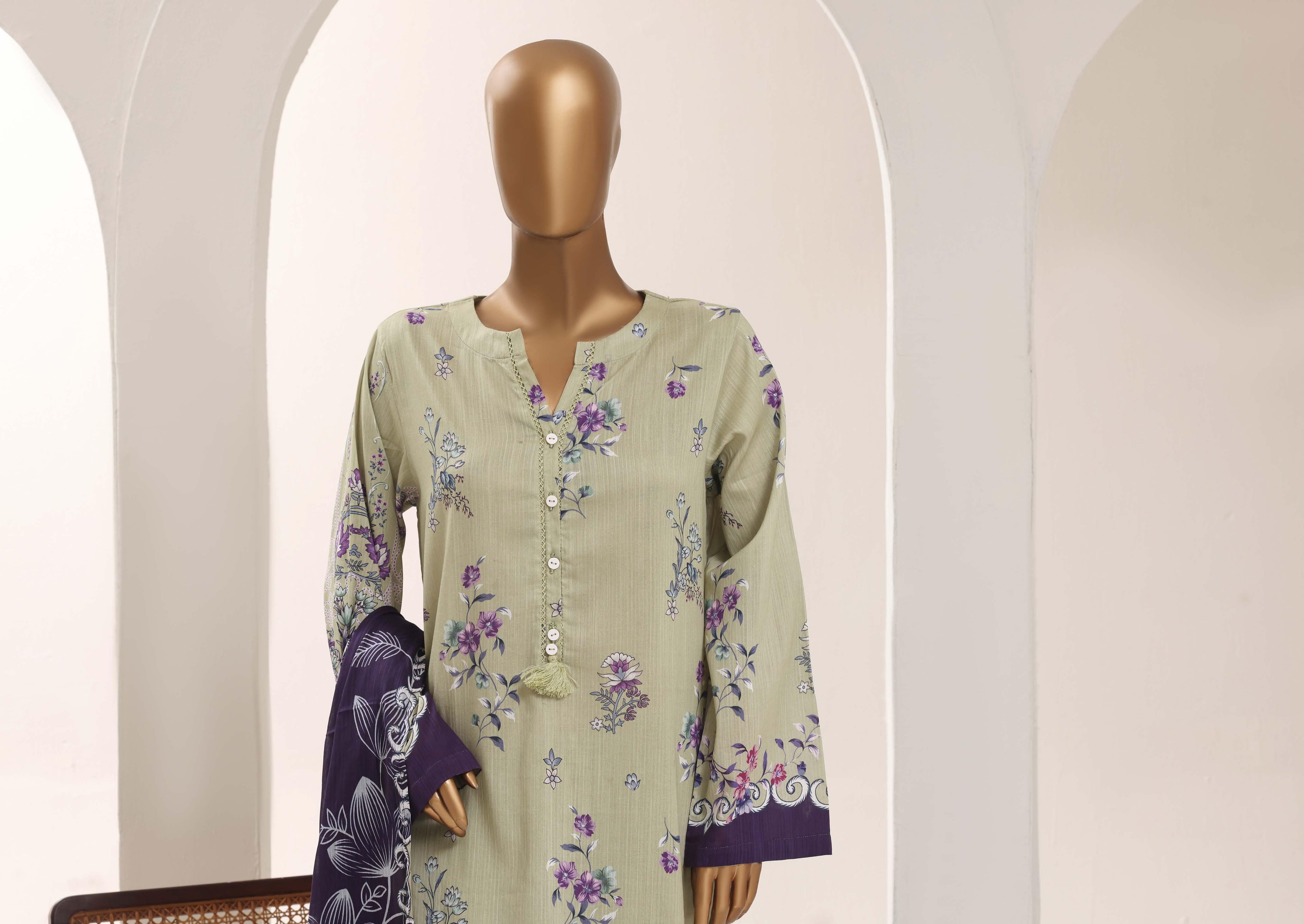 SADABAHAR Printed Lawn 3 Piece Ready-to-Wear Pakistani Suit – Sage Green