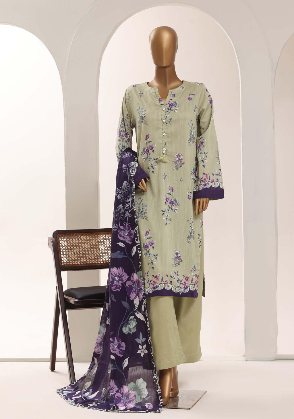 SADABAHAR Printed Lawn 3 Piece Ready-to-Wear Pakistani Suit – Sage Green