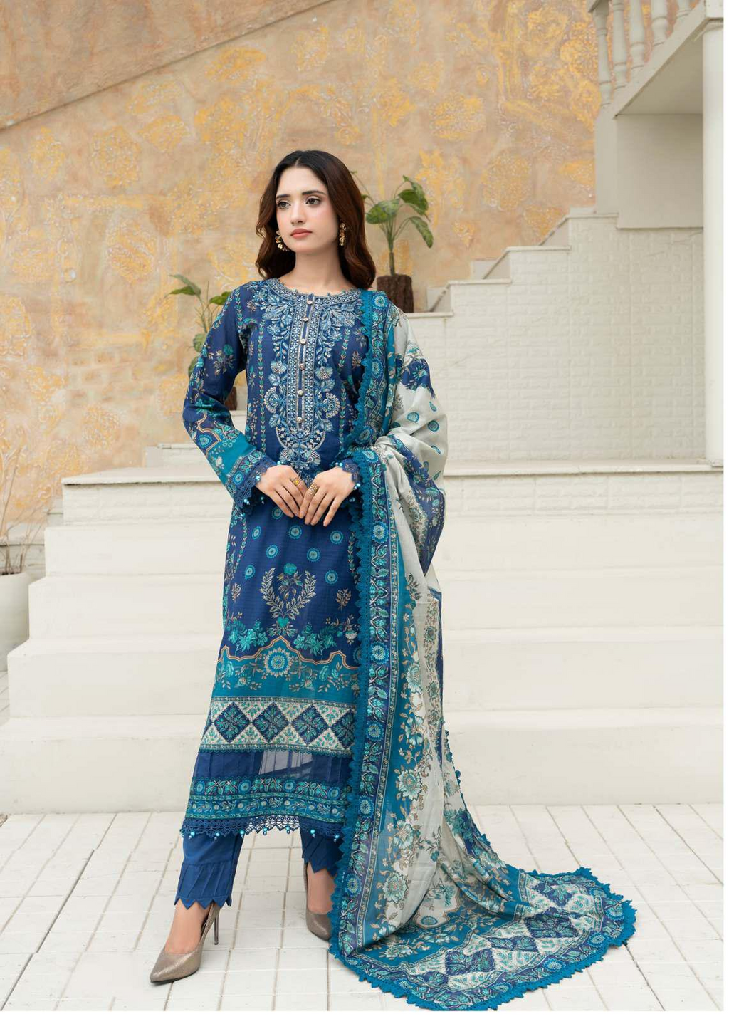 Gul Adhaar Aarjoo Premium Embroidered 3-Piece Ready-to-Wear Suit – Navy Blue