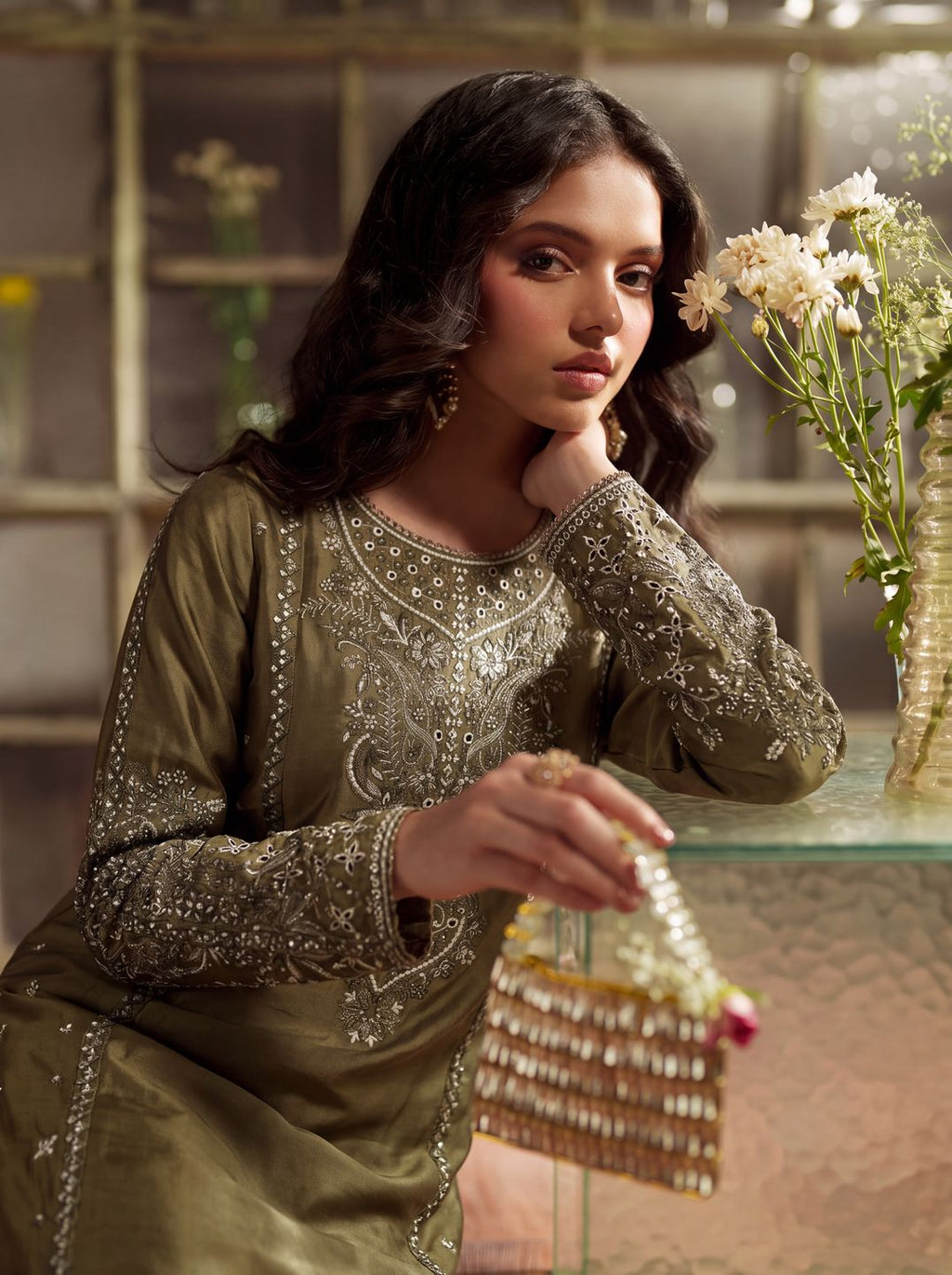 Zeenat Pret Silk Embroidered Stitched 3-Piece Suit - Olive Green
