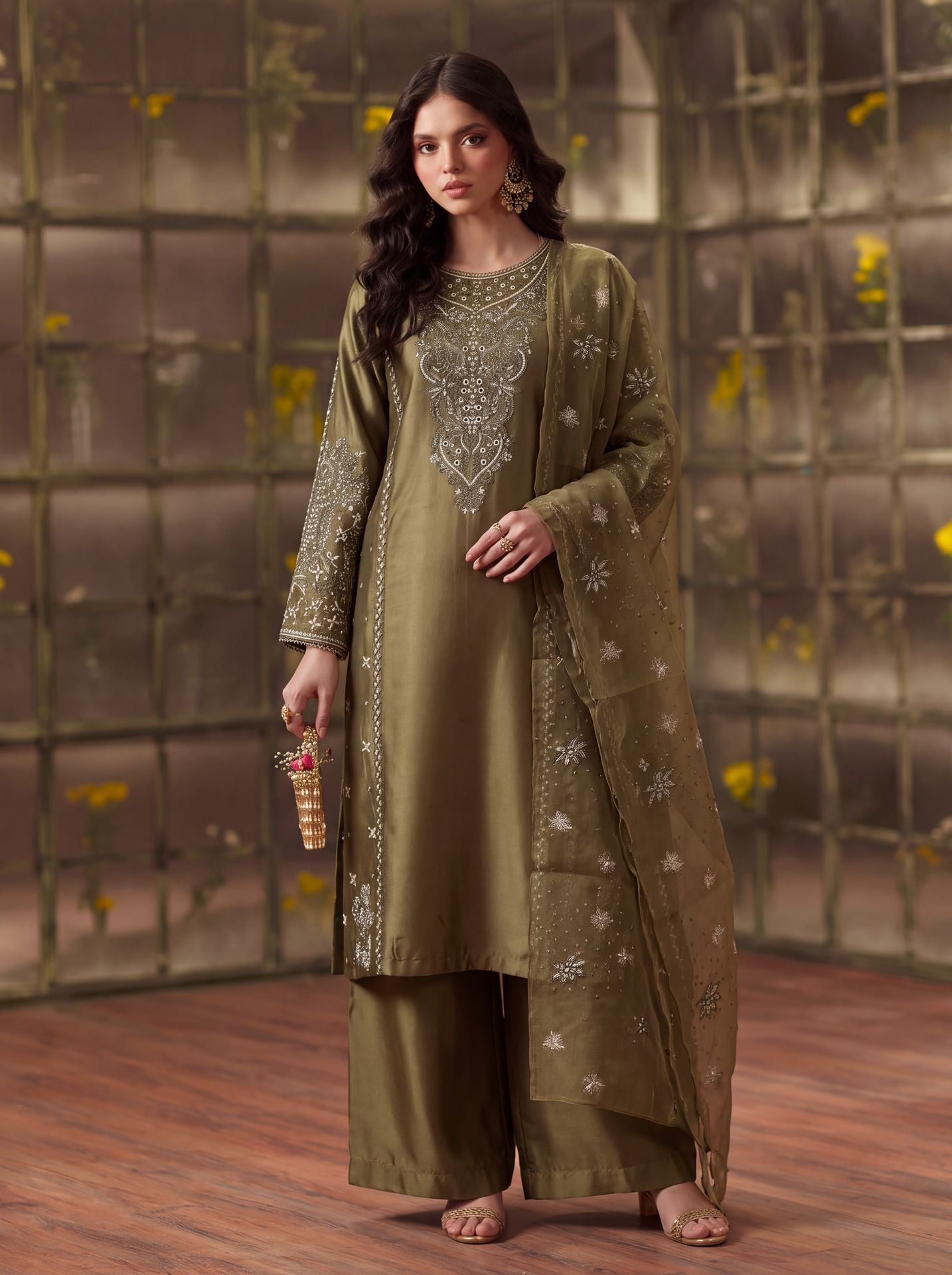 Zeenat Pret Silk Embroidered Stitched 3-Piece Suit - Olive Green