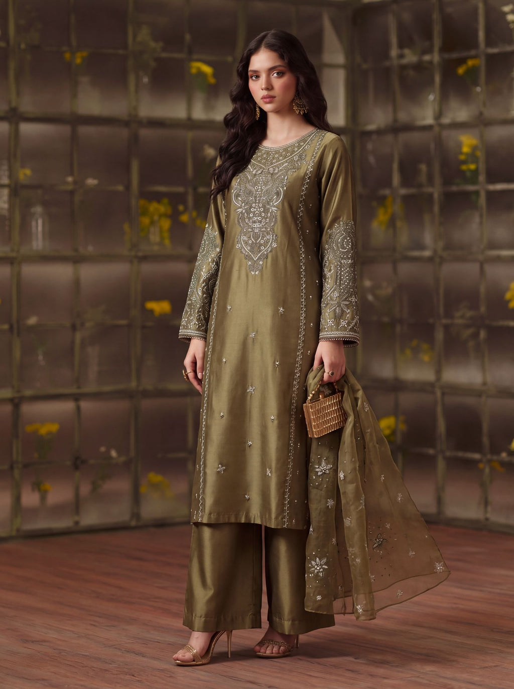 Zeenat Pret Silk Embroidered Stitched 3-Piece Suit - Olive Green