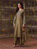 Zeenat Pret Silk Embroidered Stitched 3-Piece Suit - Olive Green