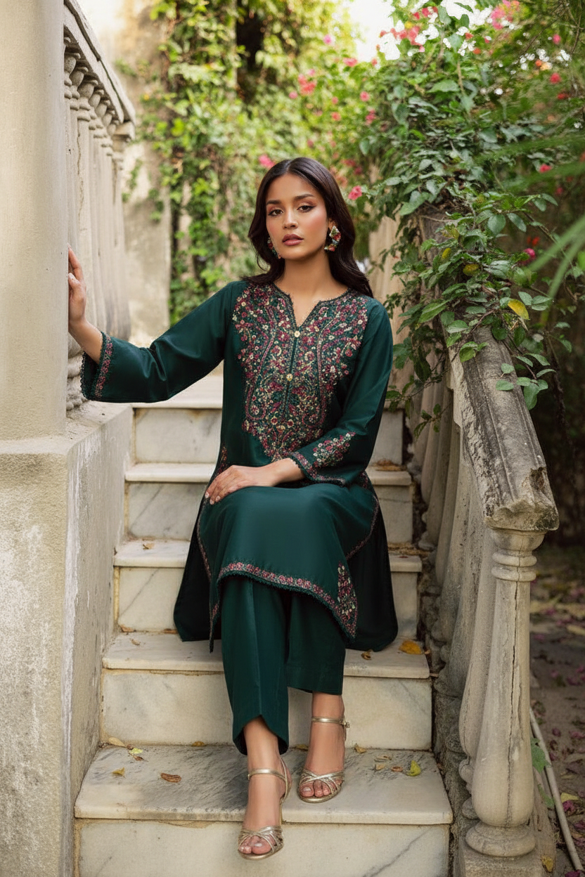 Gulposh by Misbah Embroidered 2-Piece Stitched Khaddar Suit - Rain Emerald Green