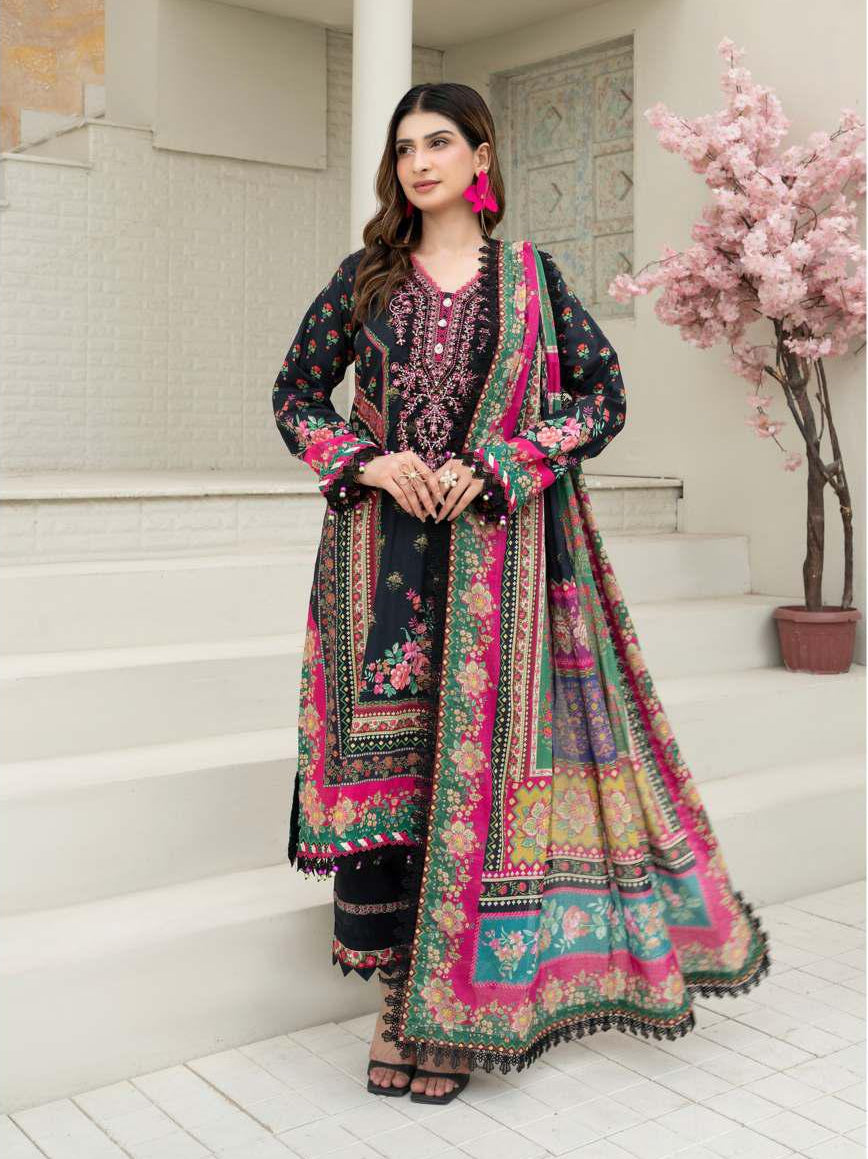 Gul Adhar Aarzoo Embroidered Premium Lawn 3-Piece Suit – Black & Fuchsia Pink