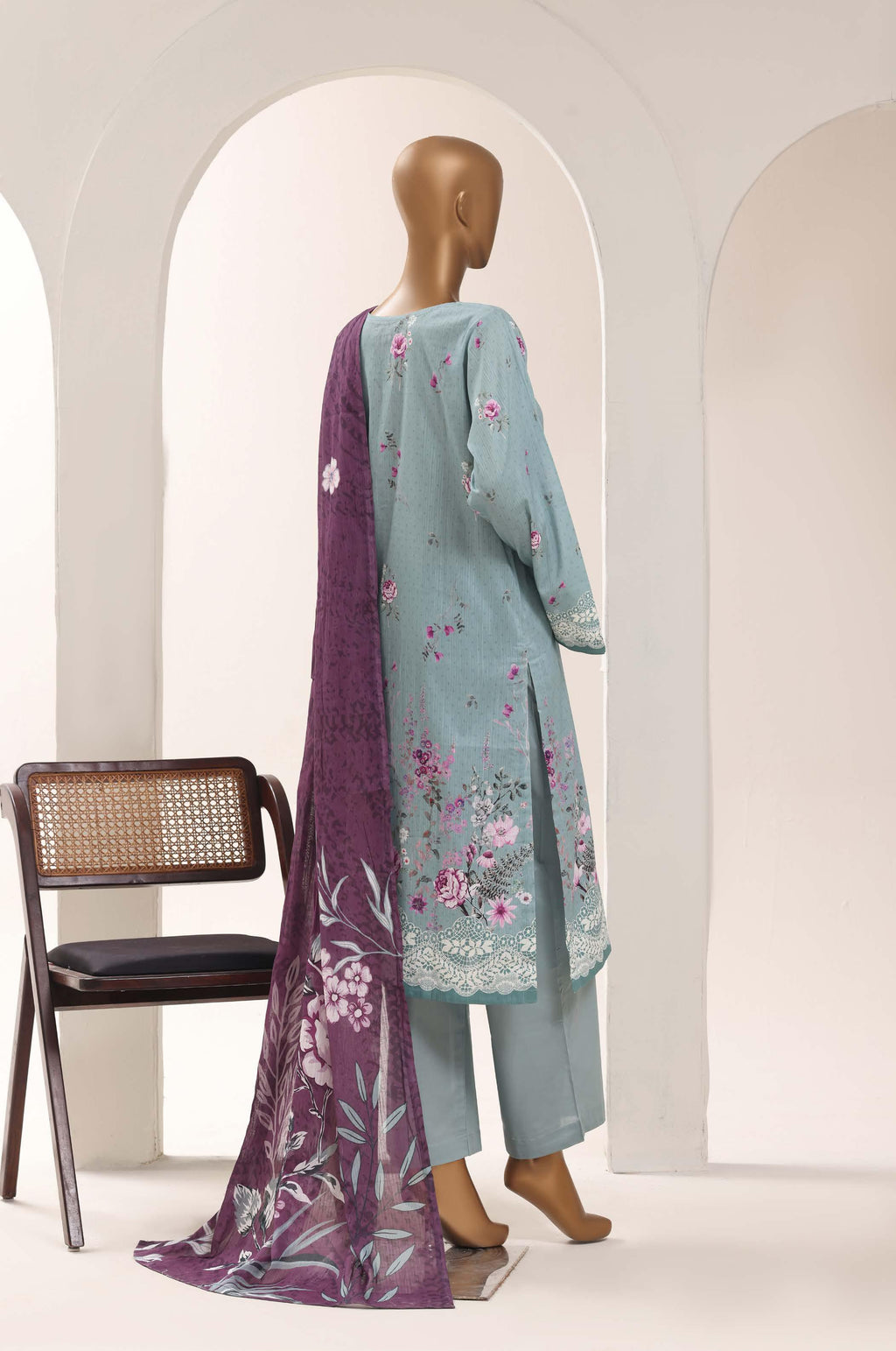 SADABAHAR Printed Lawn 3 Piece Ready-to-Wear Pakistani Suit – Steel Blue