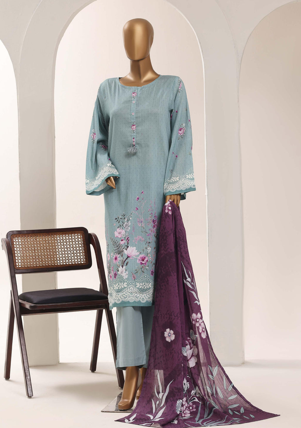 SADABAHAR Printed Lawn 3 Piece Ready-to-Wear Pakistani Suit – Steel Blue