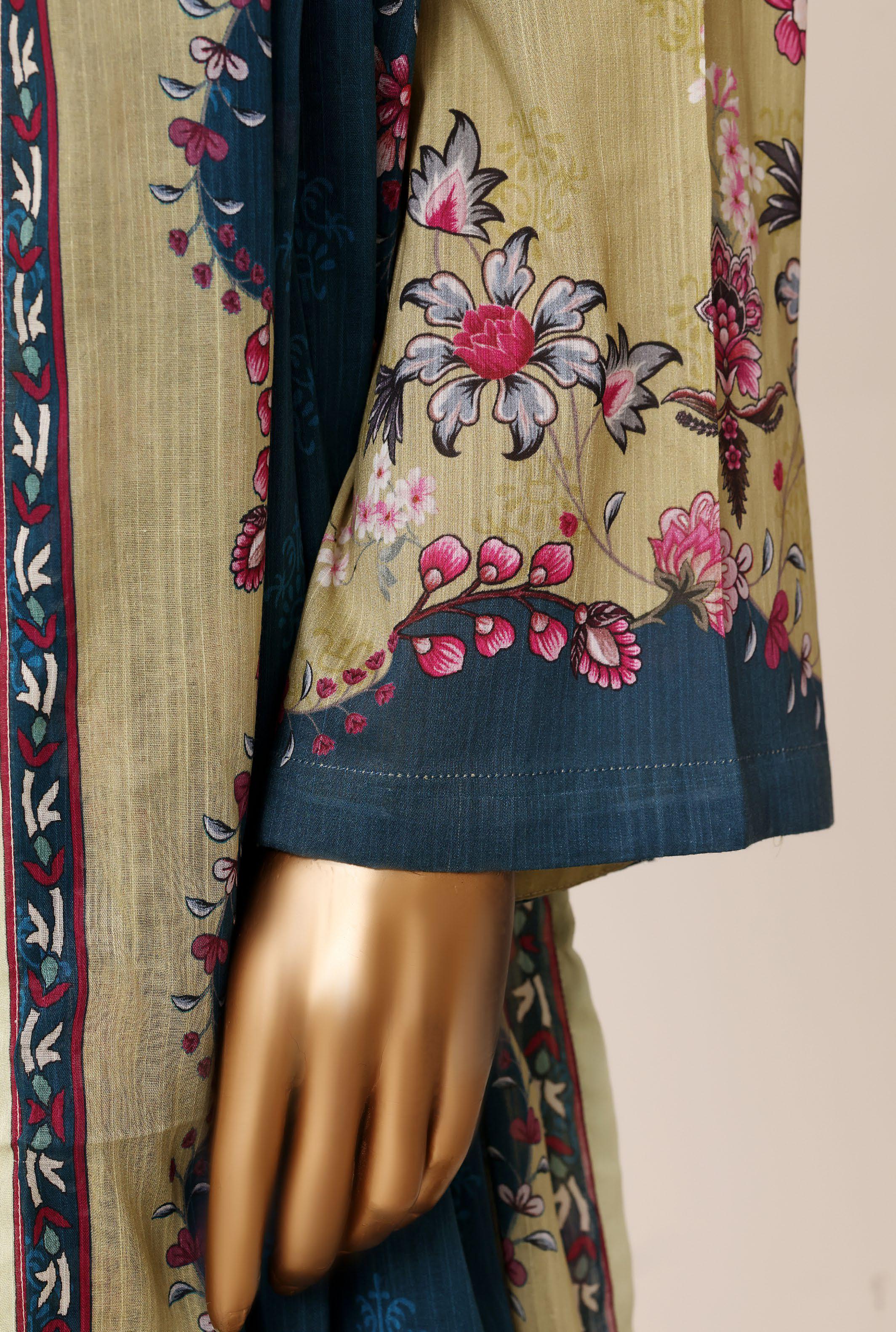 Sadabahar Printed Pret 3-Piece Stitched Lawn Suit with Indigo Dupatta - Olive Khaki
