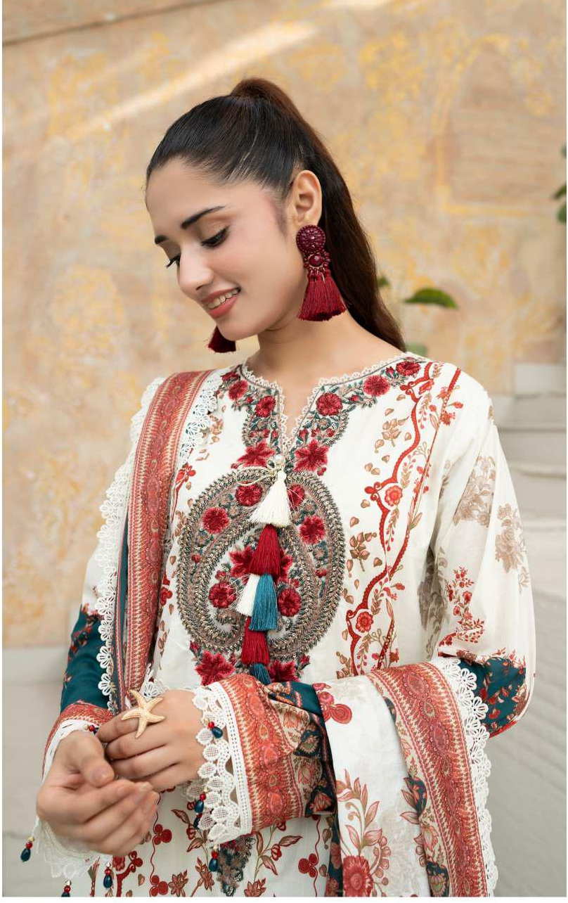 Gul Adhar Aarzoo Embroidered Premium Lawn 3-Piece Suit – Off-White & Rust