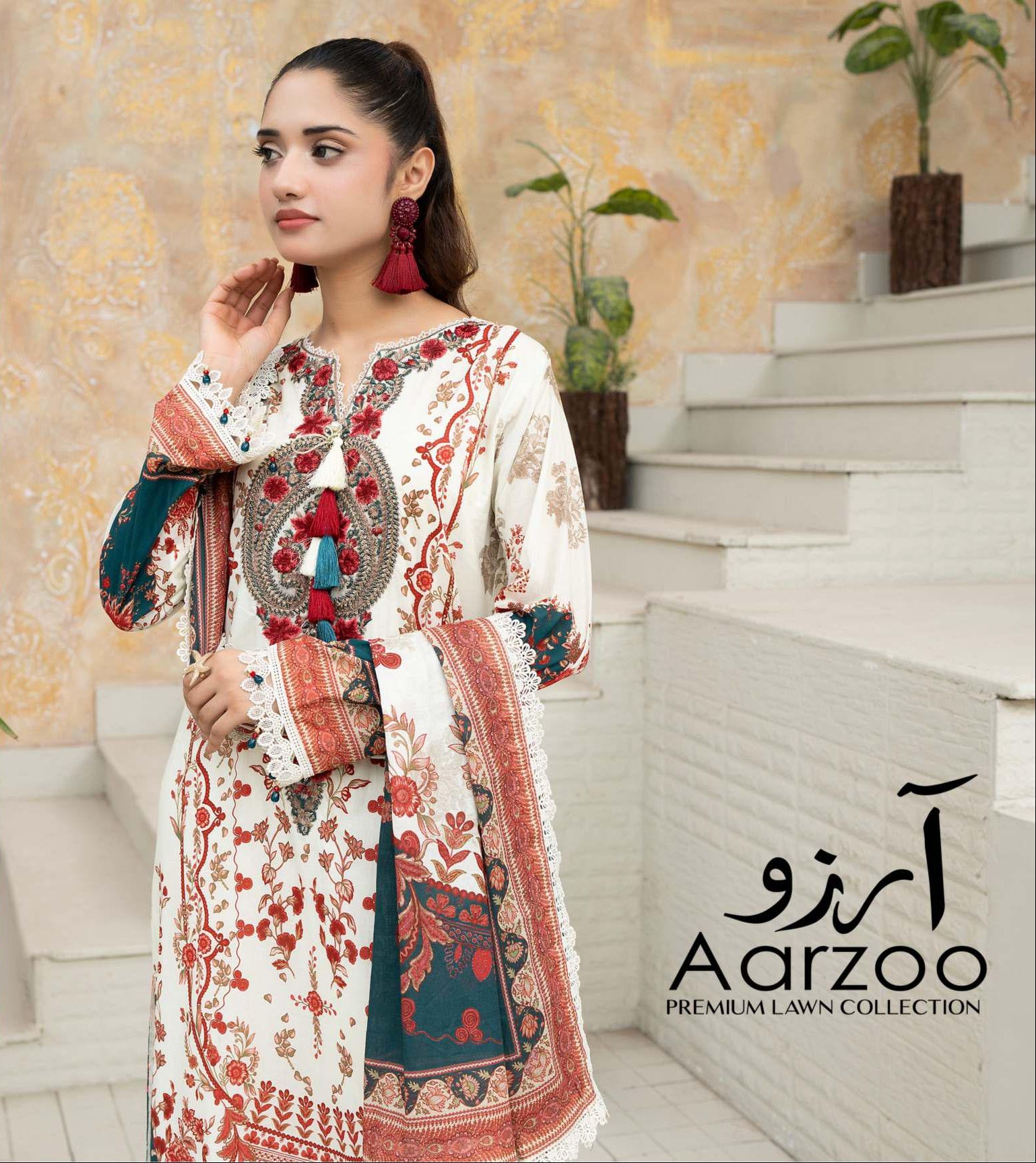 Gul Adhar Aarzoo Printed 3-Piece Premium Lawn ready to wear Suit - Off-White