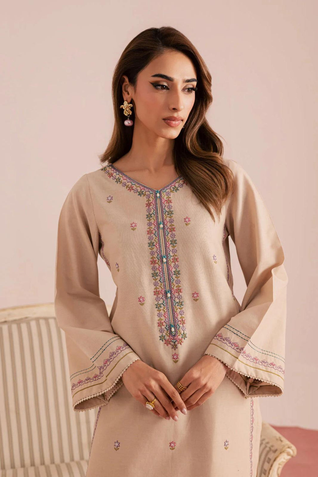Gulposh by Misbah Premium Embroidered 2-Piece Stitched Suit in Sand Beige