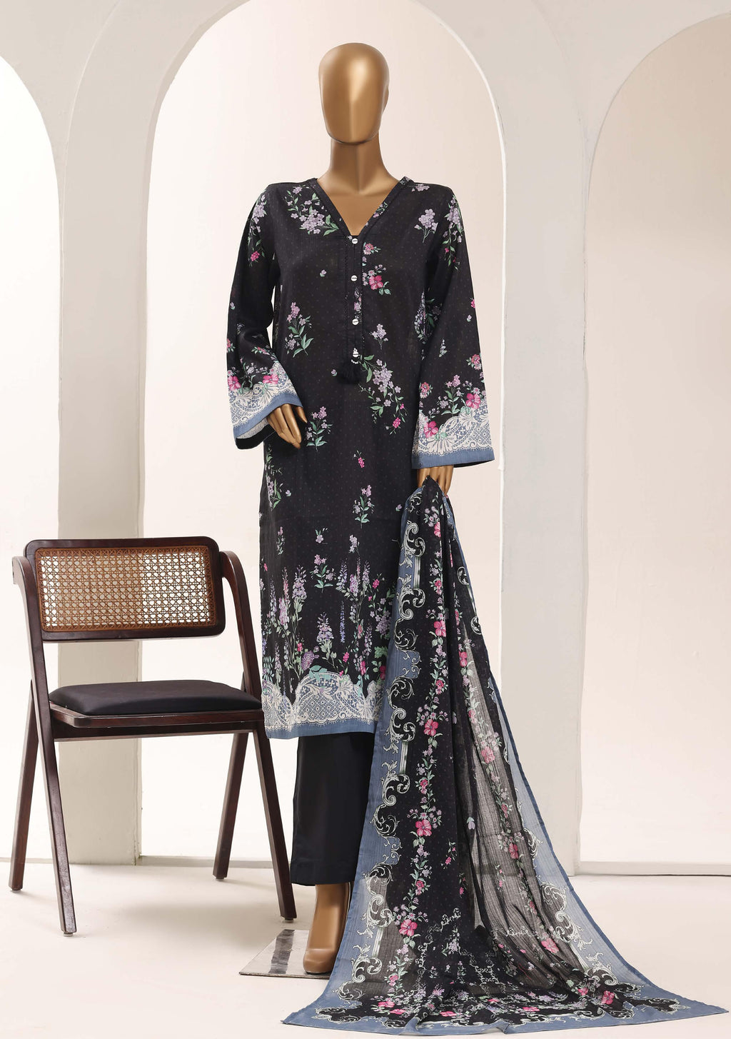 SADABAHAR Printed Lawn 3 Piece Ready-to-Wear Pakistani Suit – Jet Black