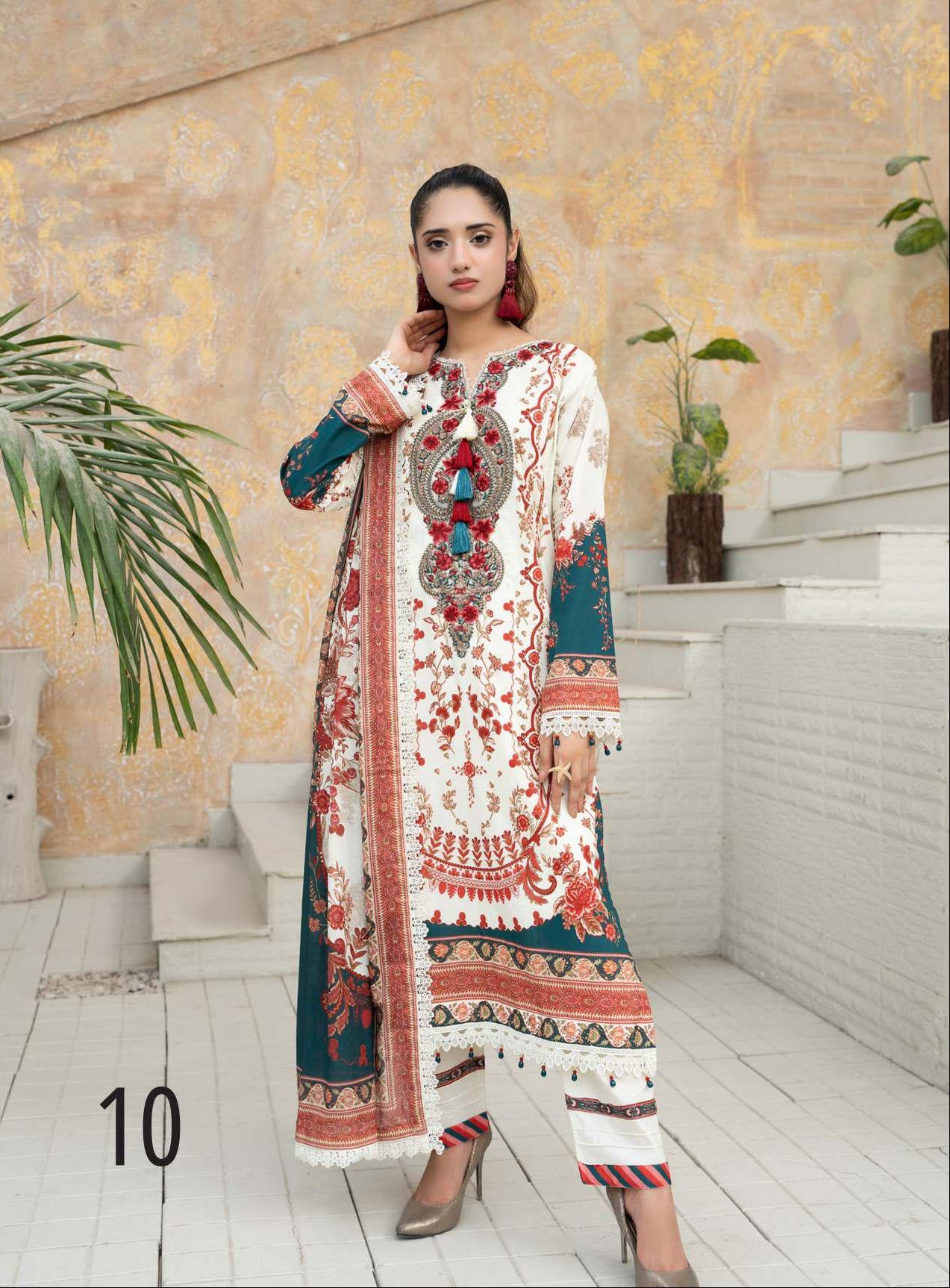 Gul Adhar Aarzoo Embroidered Premium Lawn 3-Piece Suit – Off-White & Rust