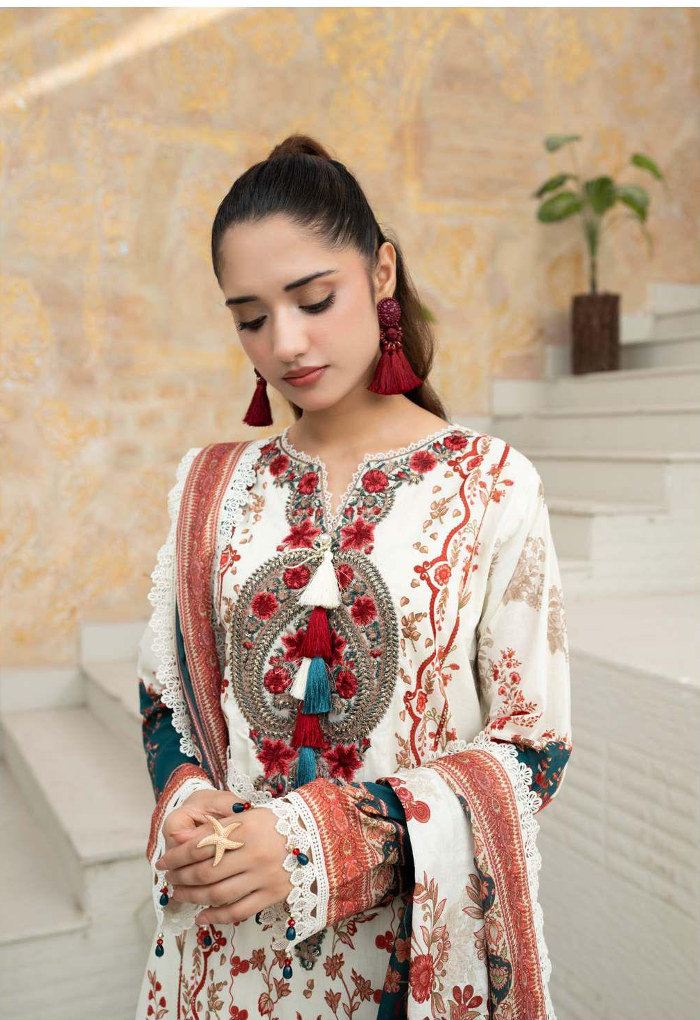 Gul Adhar Aarzoo Embroidered Premium Lawn 3-Piece Suit – Off-White & Rust