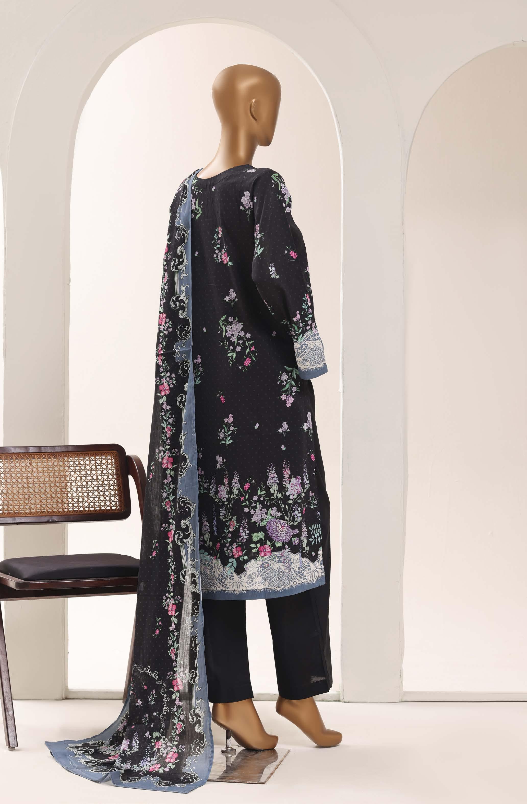 SADABAHAR Printed Lawn 3 Piece Ready-to-Wear Pakistani Suit – Jet Black