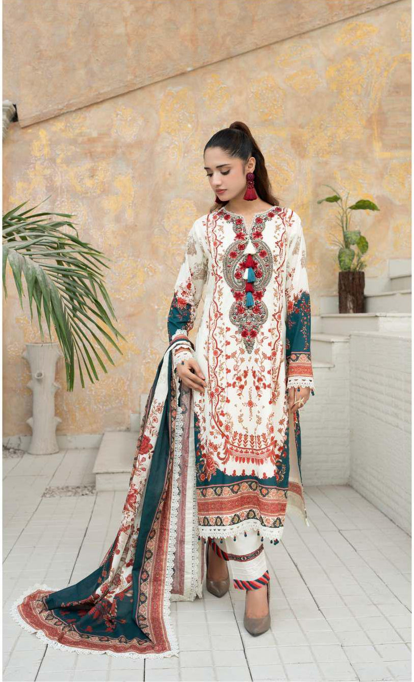 Gul Adhar Aarzoo Embroidered Premium Lawn 3-Piece Suit – Off-White & Rust