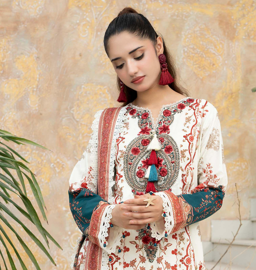 Gul Adhar Aarzoo Printed 3-Piece Premium Lawn ready to wear Suit - Off-White