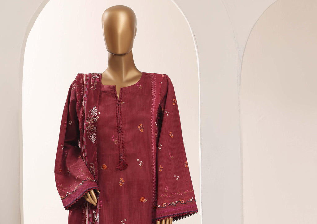 SADABAHAR Printed Lawn 3 Piece Ready-to-Wear Pakistani Suit – Burgundy
