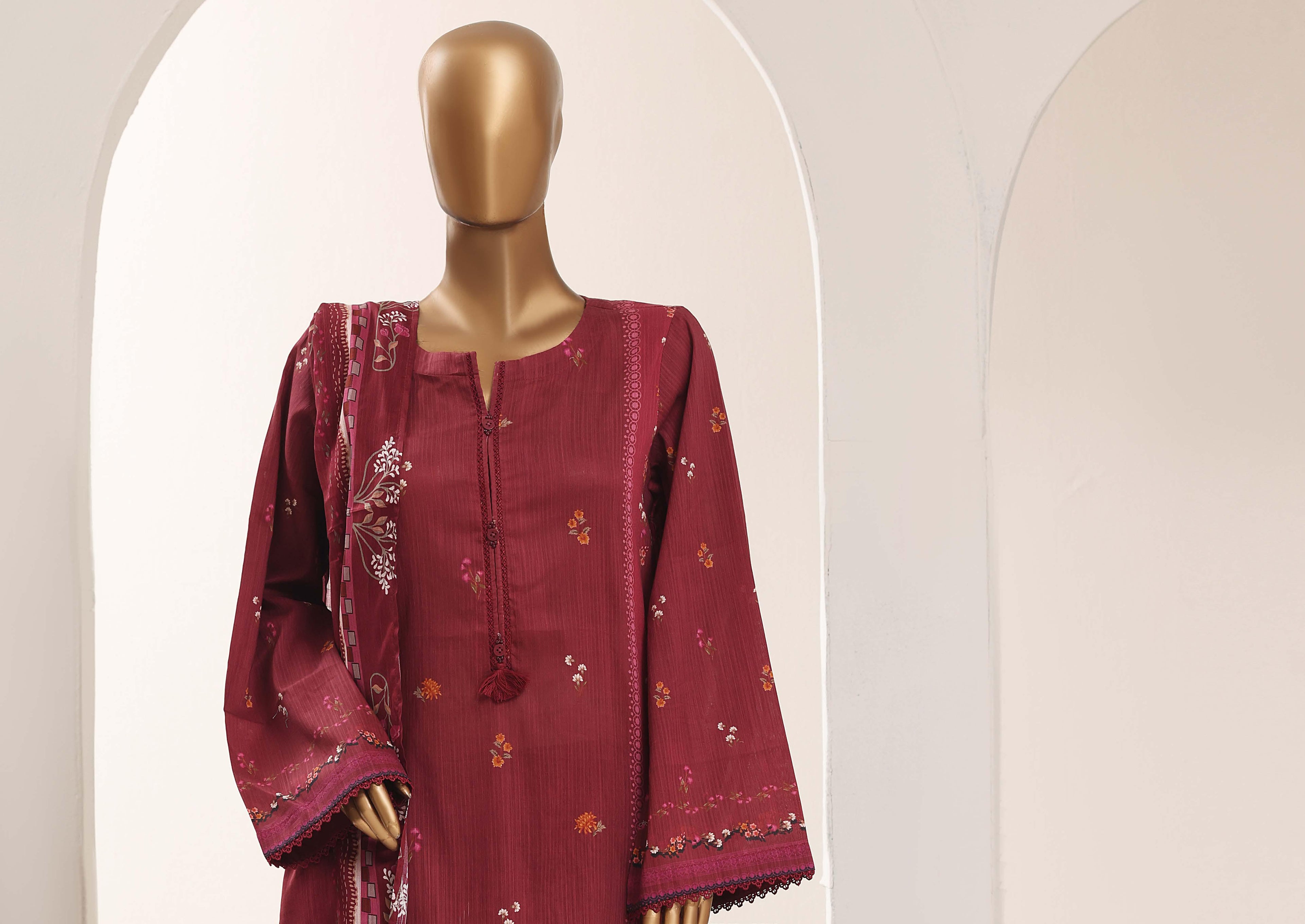 SADABAHAR Printed Lawn 3 Piece Ready-to-Wear Pakistani Suit – Burgundy